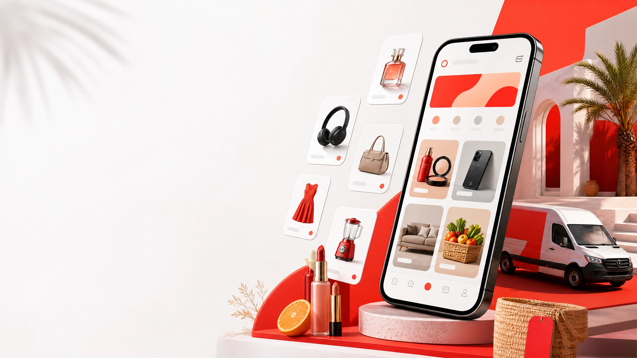 Visuel abstrait de campagne retail media Eshri, smartphone et produits multi-catégories
